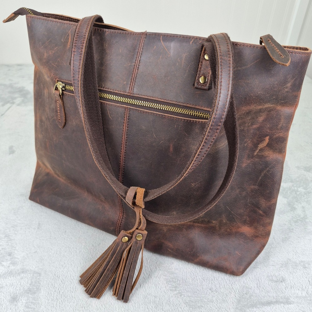 S-ZONE Brown Distressed Cowhide Leather Tote Computer Bag Tassel Minimalist Work